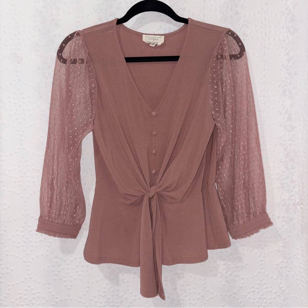 Flower & Feather Mauve Tie Front Blouse Sheer Sleeve Boho Top Size Medium